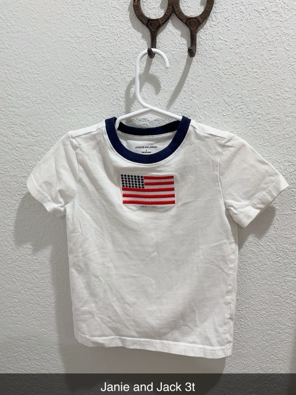 Janie and Jack White Tee with Navy Ringer and Flag Patch